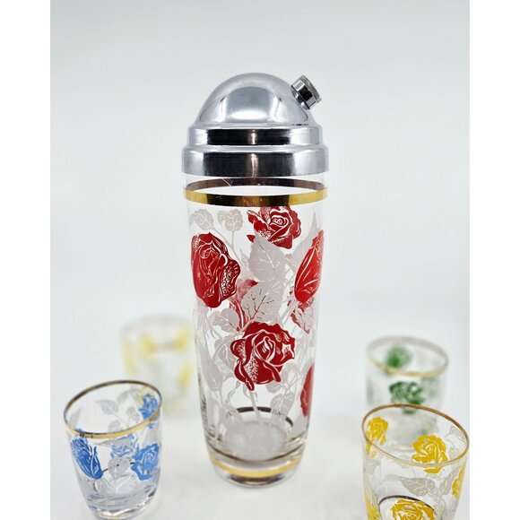 Hazel Atlas MCM Retro Rose-Pattern colorful Cocktail Shaker & Glass Set - Picture 3 of 10